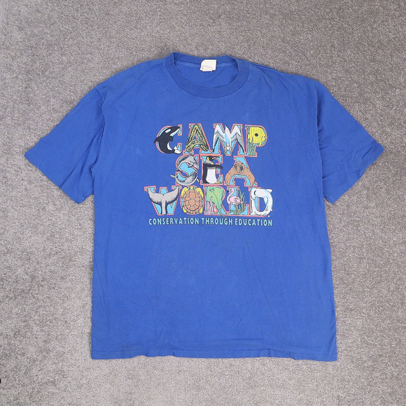 VTG 90s Camp Seaworld Ocean Conservation XL Blue Short Sleeve T-Shirt - Picture 1 of 10